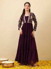 Girls Floral Zari & Sequinned Embroidered Ethnic Dress