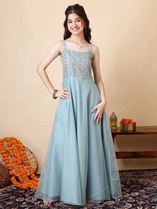 Embroidered Square Neck A-Line Ethnic Dresses