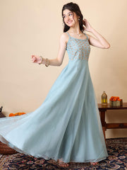 Embroidered Square Neck A-Line Ethnic Dresses