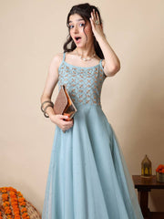 Embroidered Square Neck A-Line Ethnic Dresses