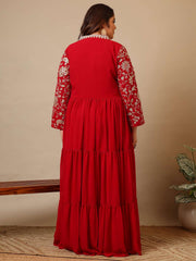 Embroidered V-Neck Fit & Flare Ethnic Dresses