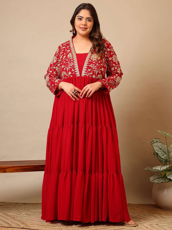 Embroidered V-Neck Fit & Flare Ethnic Dresses