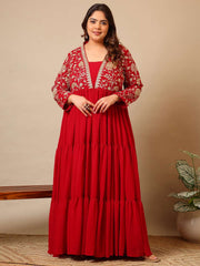 Embroidered V-Neck Fit & Flare Ethnic Dresses