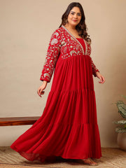 Embroidered V-Neck Fit & Flare Ethnic Dresses