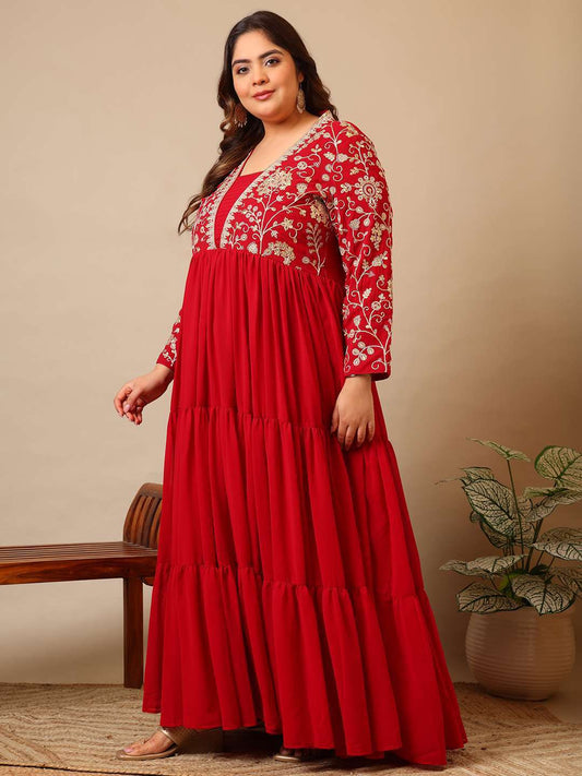 Embroidered V-Neck Fit & Flare Ethnic Dresses