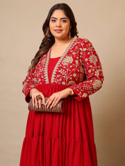 Embroidered V-Neck Fit & Flare Ethnic Dresses