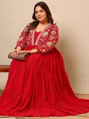 Embroidered V-Neck Fit & Flare Ethnic Dresses