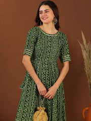 Green Bandhini Printed Cotton Tie Up Lace Fit & Flare Midi Ethnic Dress