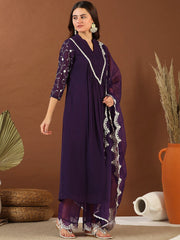 Women Purple Floral Embroidered Pleated Thread Work Kurta with Palazzos & With Dupatta