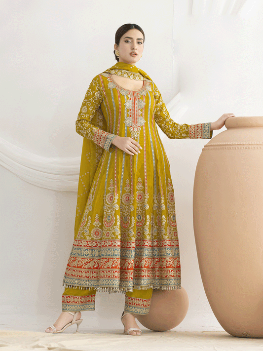 Mustard Dabka Dori and Mirror Anarkali Style Pant Suit
