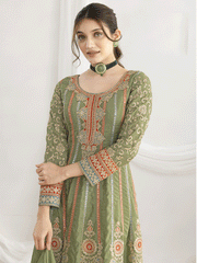 Green Dabka Dori and Mirror Anarkali Style Pant Suit