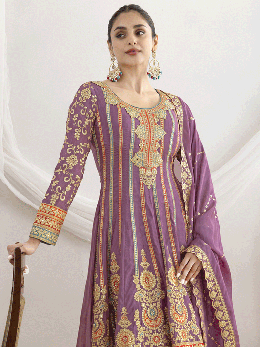 Purple Dabka Dori and Mirror Anarkali Style Pant Suit