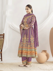 Purple Dabka Dori and Mirror Anarkali Style Pant Suit