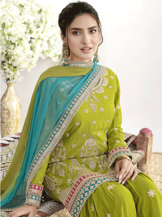 Green Beautiful Dabka Dori Gharara Style Suit