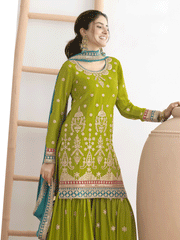 Green Beautiful Dabka Dori Gharara Style Suit