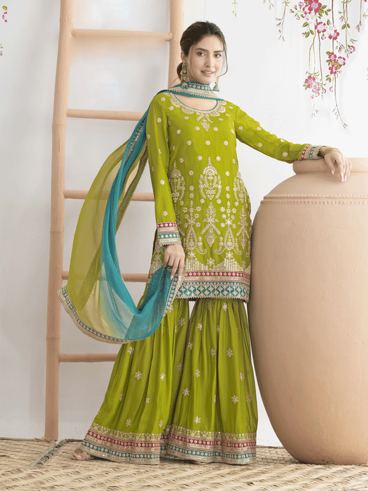 Green Beautiful Dabka Dori Gharara Style Suit