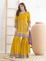 Yellow Beautiful Dabka Dori Gharara Style Suit