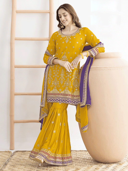 Yellow Beautiful Dabka Dori Gharara Style Suit