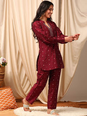 Maroon Woven Design Top With Trousers Co-Ords