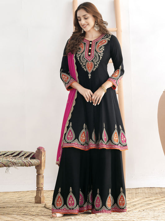 Cream White Multi Embroidery Anarkali Palazzo Suit