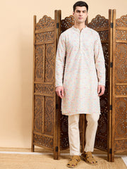 Off White Geometric Embroidered Mandarin Collar Straight Kurta