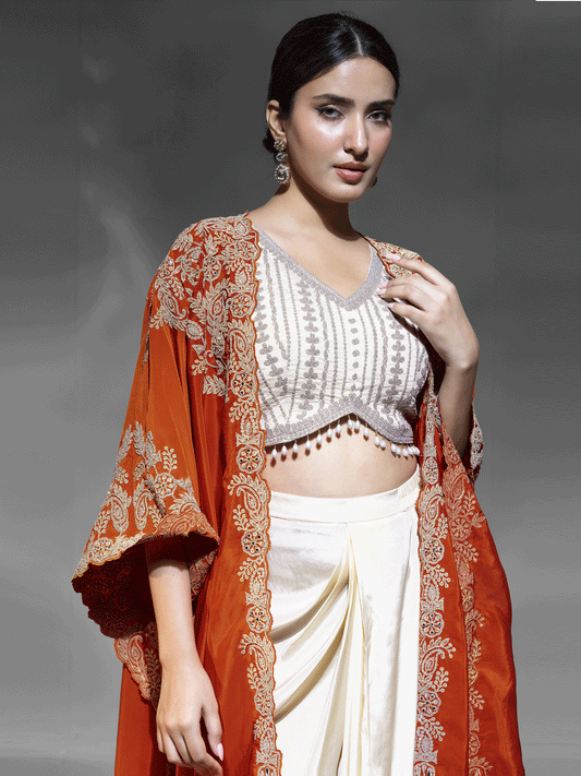 Pretty Cream Cowl Style Skirt Dress with Orange Shurg