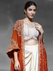 Pretty Cream Cowl Style Skirt Dress with Orange Shurg