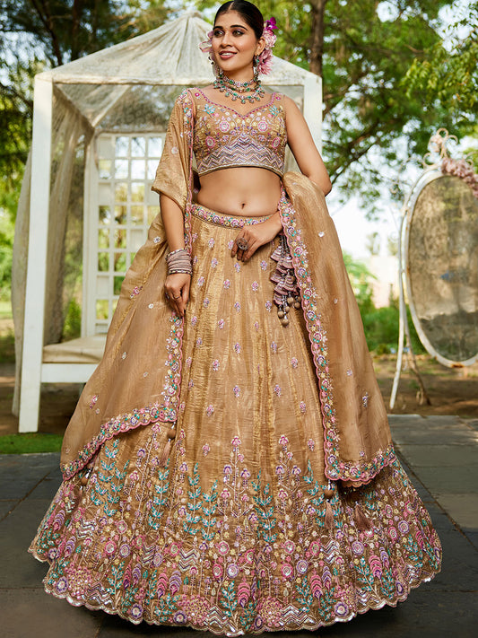 Beige colour Tissue Sequinse embroidery Semi-Stitched Lehenga choli and Dupatta