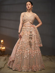 Peach Net Multi Sequins with heavy Zarkan embroidery Semi-Stitched Lehenga choli & Dupatta