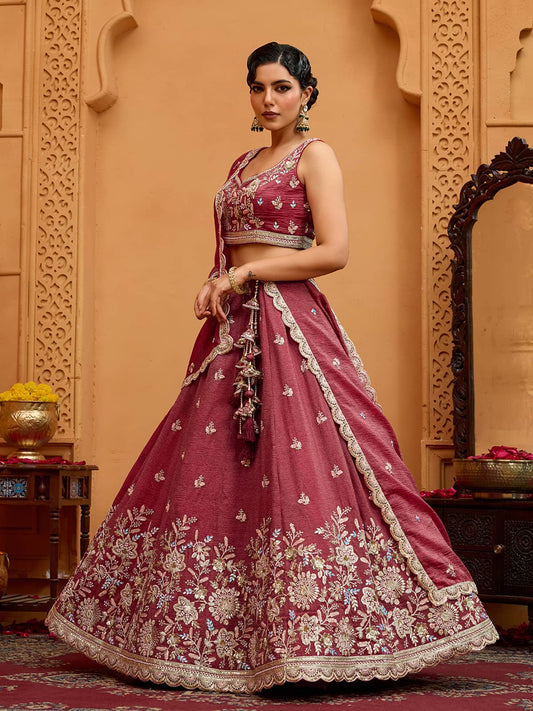Rosegold Tissue Fabric Sequins embroidery Semi-Stitched Lehenga & Unstitched Blouse With Dupatta