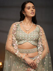 Sea green Net Multi Sequins with heavy Zarkan embroidery Semi-Stitched Lehenga choli and Dupatta