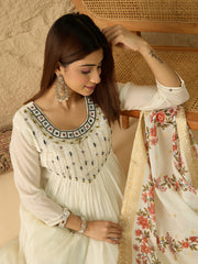 Floral Embroidered Empire Thread Work Kurta with Trousers & With Dupatta