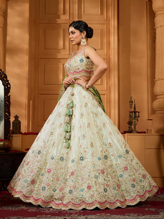 Limegreen Tissue Fabric Sequins embroidery Semi-Stitched Lehenga & Unstitched Blouse With Dupatta