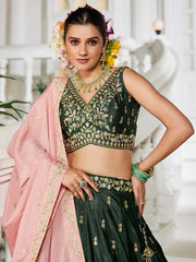 Olive colour Chiffon Sequinse embroidery Semi-Stitched Lehenga choli and Dupatta