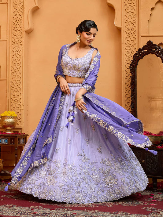Lavender Tissue Fabric Sequins embroidery Semi-Stitched Lehenga & Unstitched Blouse With Dupatta