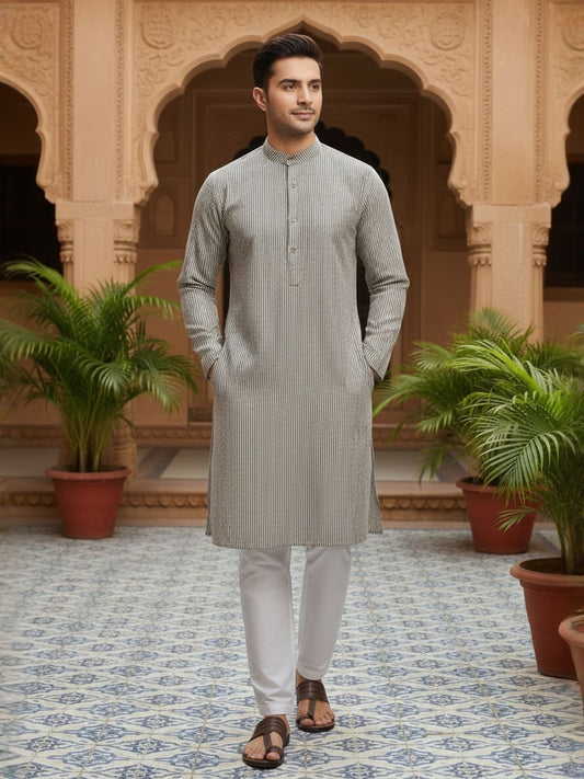 Striped Mandarin Collar Kurta & Trousers