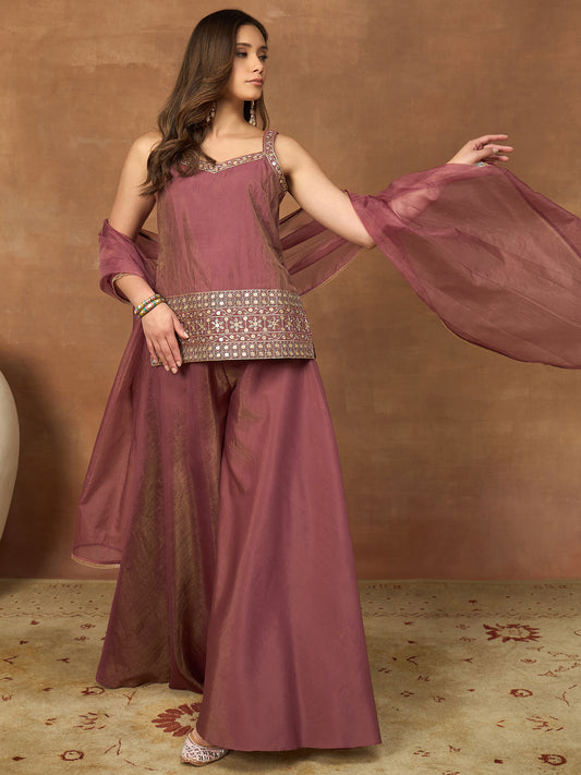 Women Ethnic Motifs Embroidered Regular Mirror Work Kurti with Sharara & With Dupatta