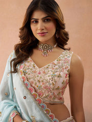 Peach  Tissue Sequinned and Zari Embroidered Semi Stitched Lehenga and Unstitched Blouse With Dupatta