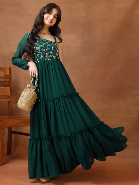 Girls Embroidered One Shoulder A-Line Ethnic Dresses