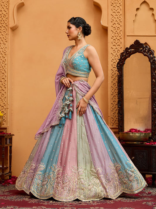 Peach Georgette Fabric Sequins embroidery Semi-Stitched Lehenga & Unstitched Blouse With Dupatta