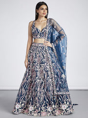 Navy blue Net Sequins and thread embroidery Semi Stitched Lehenga choli and Dupatta