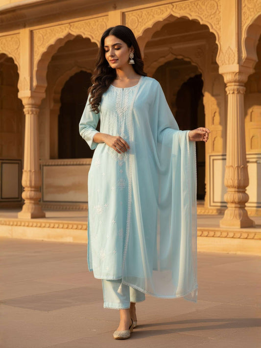 Women Ethnic Motifs Embroidered Regular Thread Work Pure Cotton Kurta with Trousers & Dupatta