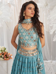 Turquoise blue Georgette Sequin embroidery Semi Stitched Lehenga choli and Dupatta