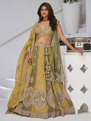 Mustard & Green Double Dupatta Lehenga with Intricate Zari and Resham Work