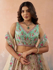Cream Tissue Sequins Embroidered Semi Stitched Lehenga and Unstitched Blouse With Dupatta