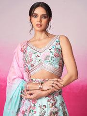 Turquoise blue Pure Silk Zarkan, Mirror and Sequin embroidery Semi-Stitched Lehenga choli and Dupatta