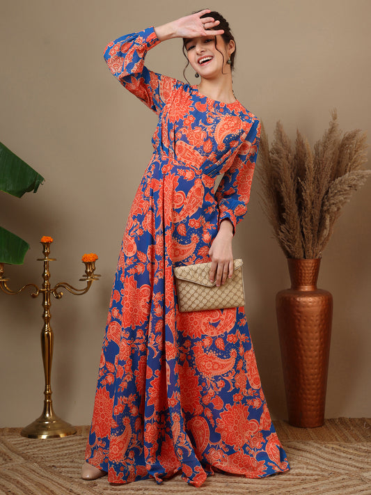 Girl Floral Paisley Printed Pleated Ethnic Dress