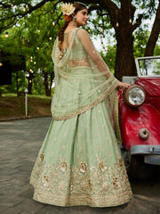 Lime Green colour Chinnon Sequinse embroidery Semi-Stitched Lehenga choli and Dupatta