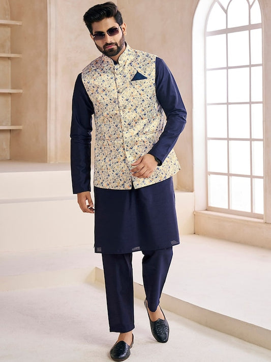 Woven-Design Mandarin Collar Nehru Jacket
