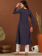 Purple Ethnic Woven Design Round Neck Panelled Cotton A-Line Kurta